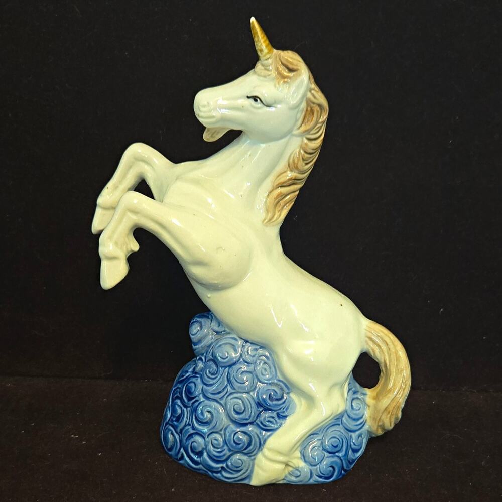 Vintage 1980s Ceramic Rearing Unicorn Figurine White Gold Horn Blue Wave Base